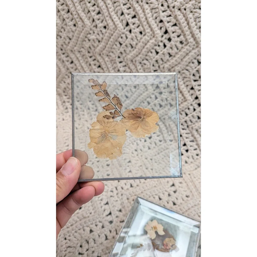 Vintage Pressed Dried Flower Glass Coasters Set of 4 Beveled Metal Edge 4x4